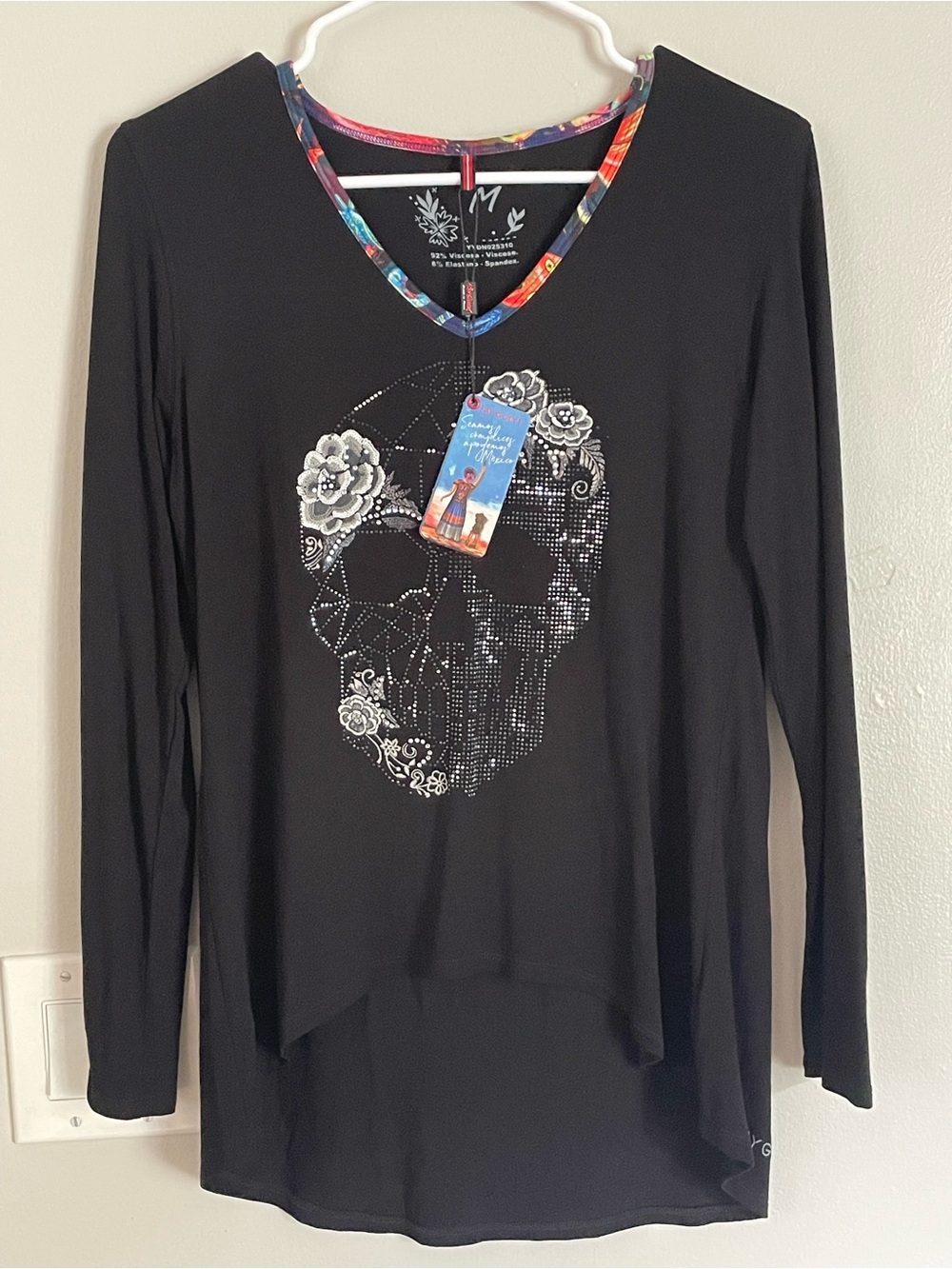 NWT Ay Guey! Black Sugar Skull Embellished Tunic High Low Top Shirt Sz M